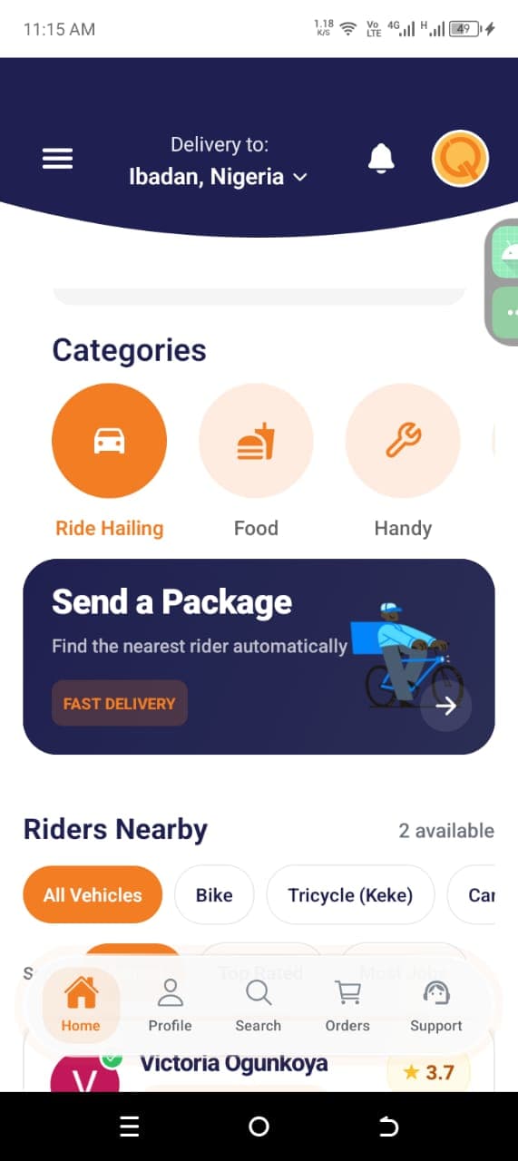 Quible home dashboard showing categories and send a package card
